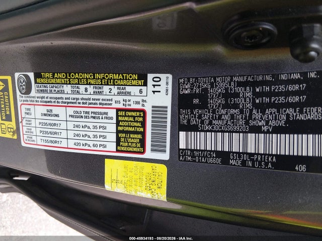 Aukcja sprzedaży 2016 Toyota Sienna Le 8 Passenger, vin: 5TDKK3DCXGS699203, numer aukcji: 45934193