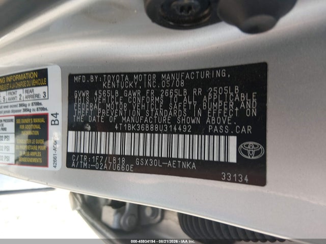 2008 Toyota Avalon Touring მანქანა იყიდება აუქციონზე, vin: 4T1BK36B88U314492, აუქციონის ნომერი: 45934194