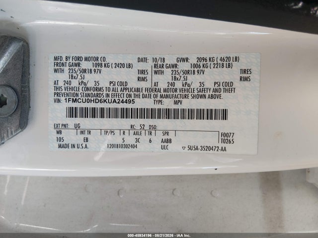 Aukcja sprzedaży 2019 Ford Escape Sel, vin: 1FMCU0HD6KUA24495, numer aukcji: 45934196