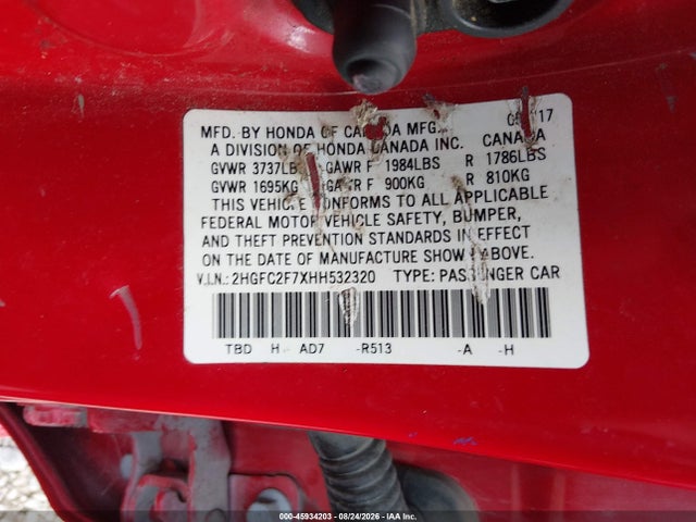 Aukcja sprzedaży 2017 Honda Civic Ex, vin: 2HGFC2F7XHH532320, numer aukcji: 45934203