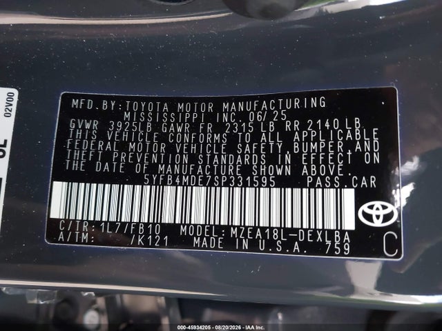 45934205 :رقم المزاد ، 5YFB4MDE7SP331595 vin ، 2025 Toyota Corolla Le مزاد بيع