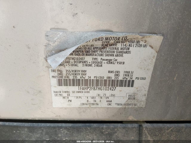 2017 Ford Taurus Limited მანქანა იყიდება აუქციონზე, vin: 1FAHP2F87HG102427, აუქციონის ნომერი: 45934206