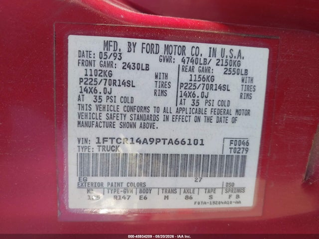 45934209 :رقم المزاد ، 1FTCR14A9PTA66101 vin ، 1993 Ford Ranger Super Cab مزاد بيع