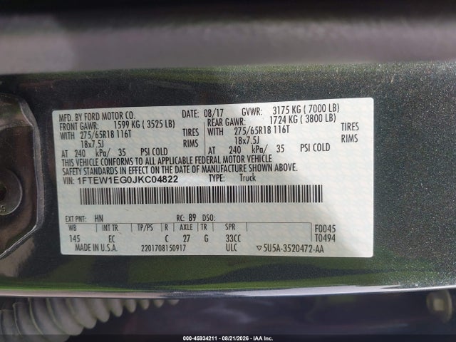 Продаж на аукціоні авто 2018 Ford F-150 Lariat, vin: 1FTEW1EG0JKC04822, номер лоту: 45934211