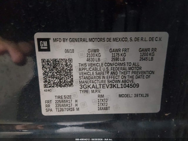 2019 Gmc Terrain Sle მანქანა იყიდება აუქციონზე, vin: 3GKALTEV3KL104509, აუქციონის ნომერი: 45934212