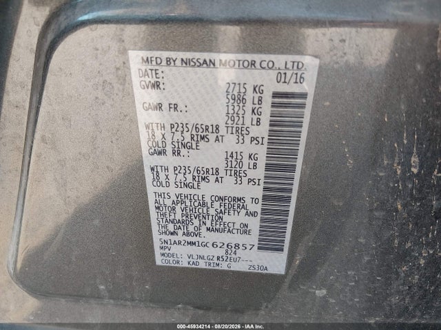 Продажа на аукционе авто 2016 Nissan Pathfinder Sl, vin: 5N1AR2MM1GC626857, номер лота: 45934214
