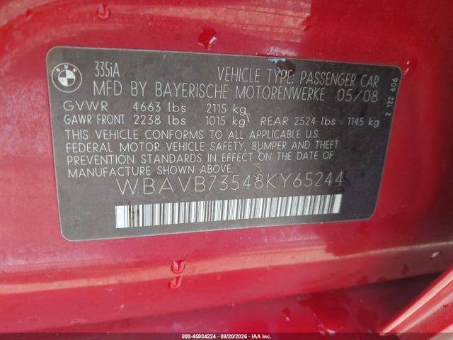 45934224 :رقم المزاد ، WBAVB73548KY65244 vin ، 2008 Bmw 335i مزاد بيع