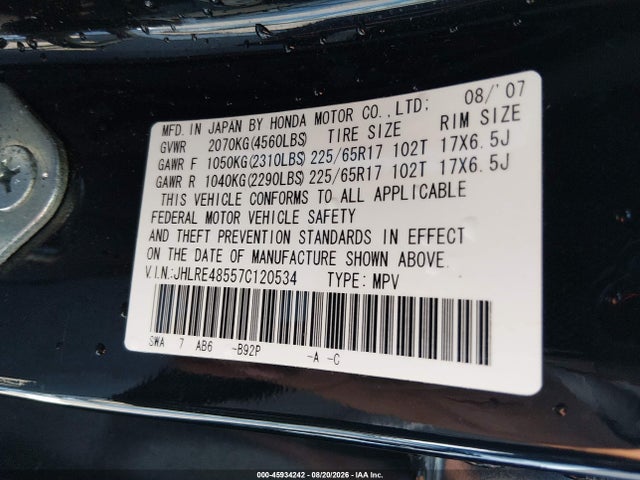 Auction sale of the 2007 Honda Cr-v Ex, vin: JHLRE48557C120534, lot number: 45934242