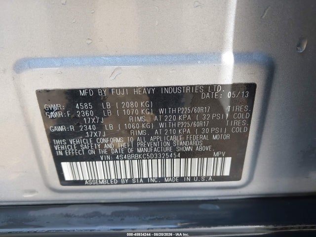 45934244 :رقم المزاد ، 4S4BRBKC5D3325454 vin ، 2013 Subaru Outback 2.5i Limited مزاد بيع