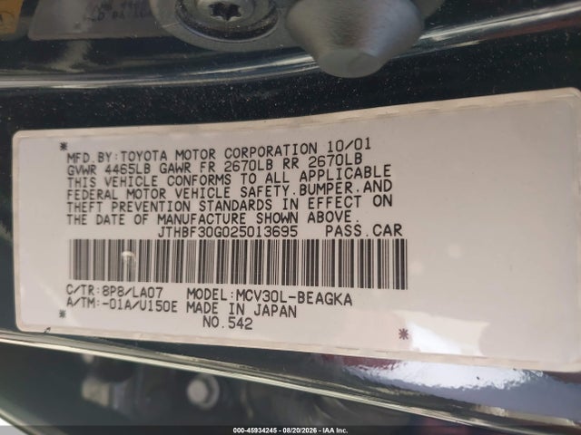 Aukcja sprzedaży 2002 Lexus Es 300, vin: JTHBF30G025013695, numer aukcji: 45934245