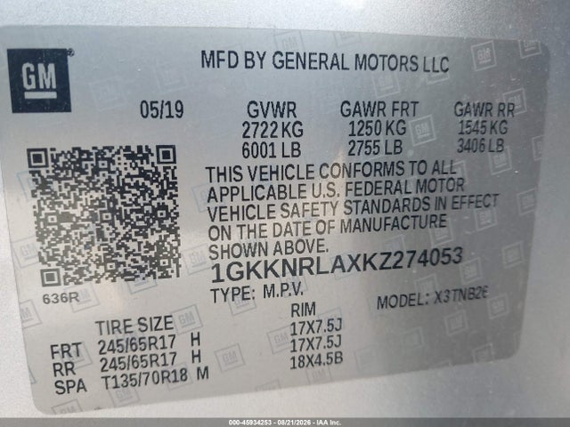 45934253 :رقم المزاد ، 1GKKNRLAXKZ274053 vin ، 2019 Gmc Acadia Sle-1 مزاد بيع