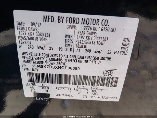 2017 Ford Explorer Xlt მანქანა იყიდება აუქციონზე, vin: 1FM5K7D8XHGE08089, აუქციონის ნომერი: 45934270