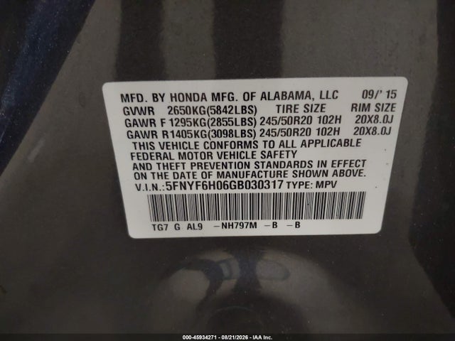 2016 Honda Pilot Elite მანქანა იყიდება აუქციონზე, vin: 5FNYF6H06GB030317, აუქციონის ნომერი: 45934271