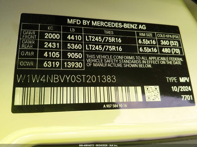 Продажа на аукционе авто 2025 Mercedes-benz Sprinter 2500 Standard Roof 4-cyl Diesel Ho, vin: W1W4NBVY0ST201383, номер лота: 45934272