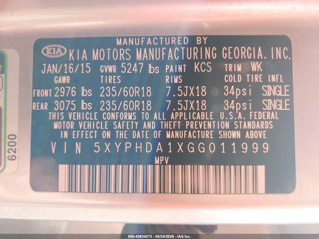 45934273 :رقم المزاد ، 5XYPHDA1XGG011999 vin ، 2016 Kia Sorento 2.0t Ex مزاد بيع