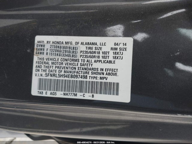 45934278 :رقم المزاد ، 5FNRL5H94EB097498 vin ، 2014 Honda Odyssey Touring/touring Elite مزاد بيع