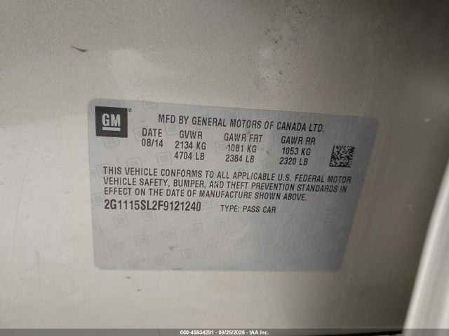 2015 Chevrolet Impala 1lt მანქანა იყიდება აუქციონზე, vin: 2G1115SL2F9121240, აუქციონის ნომერი: 45934291