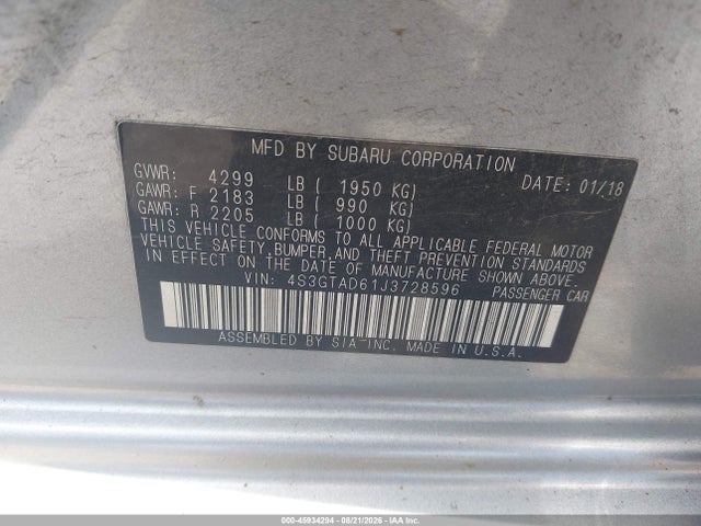 Aukcja sprzedaży 2018 Subaru Impreza 2.0i Premium, vin: 4S3GTAD61J3728596, numer aukcji: 45934294