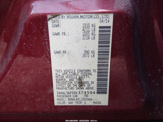 Aukcja sprzedaży 2014 Nissan Altima 2.5/2.5 S/2.5 Sl/2.5 Sv, vin: 1N4AL3AP3EN374594, numer aukcji: 45934299