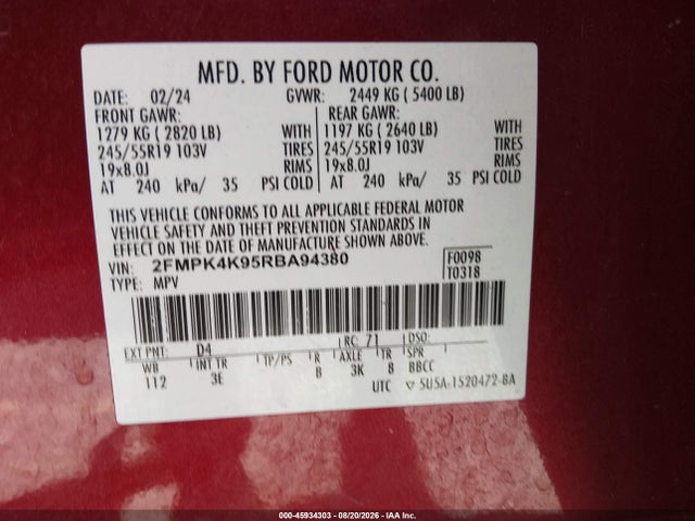 45934303 :رقم المزاد ، 2FMPK4K95RBA94380 vin ، 2024 Ford Edge Titanium مزاد بيع