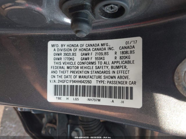 Aukcja sprzedaży 2017 Honda Civic Touring, vin: 2HGFC1F94HH642260, numer aukcji: 45934335