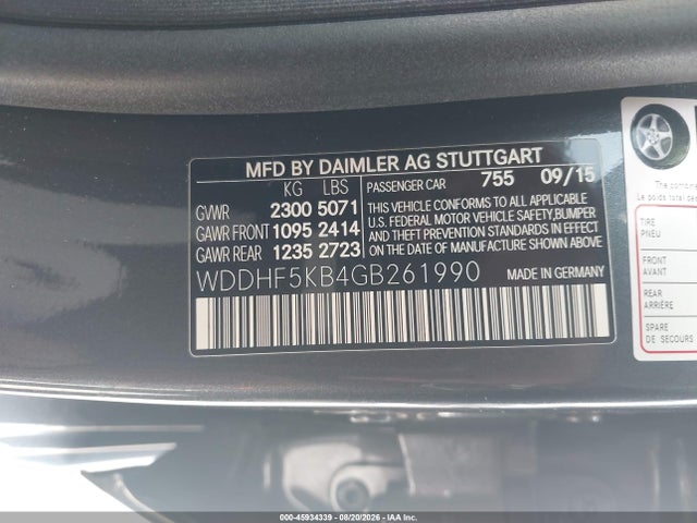 Aukcja sprzedaży 2016 Mercedes-benz E 350, vin: WDDHF5KB4GB261990, numer aukcji: 45934339