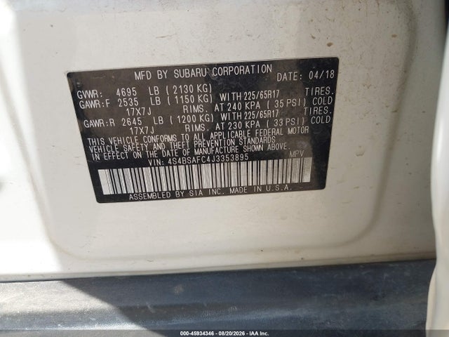 45934346 :رقم المزاد ، 4S4BSAFC4J3353895 vin ، 2018 Subaru Outback 2.5i Premium مزاد بيع