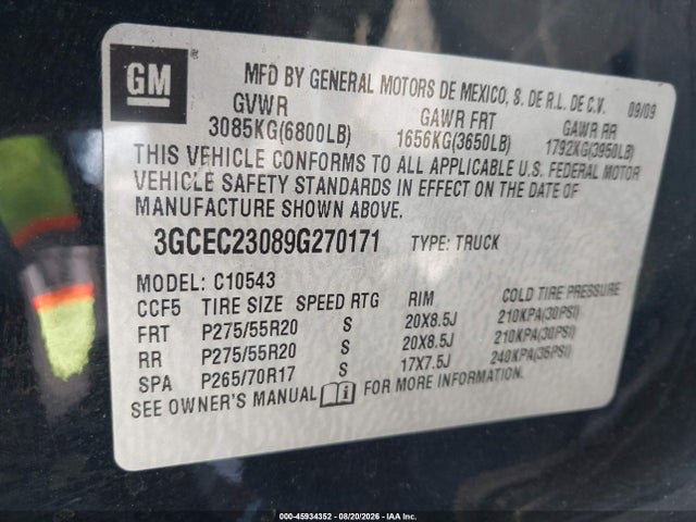 45934352 :رقم المزاد ، 3GCEC23089G270171 vin ، 2009 Chevrolet Silverado 1500 Lt مزاد بيع