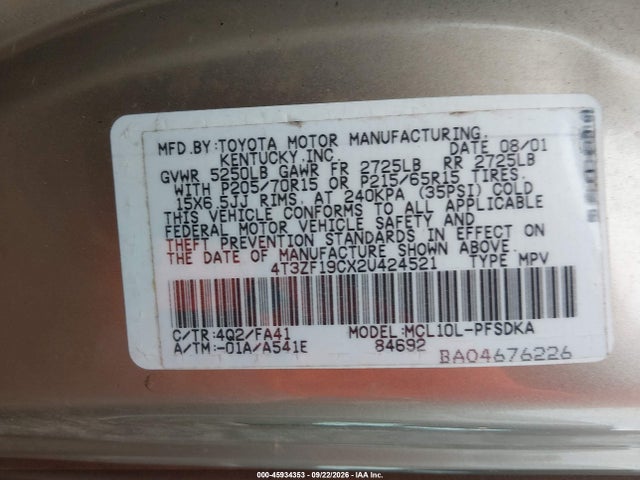 Продажа на аукционе авто 2002 Toyota Sienna Ce, vin: 4T3ZF19CX2U424521, номер лота: 45934353
