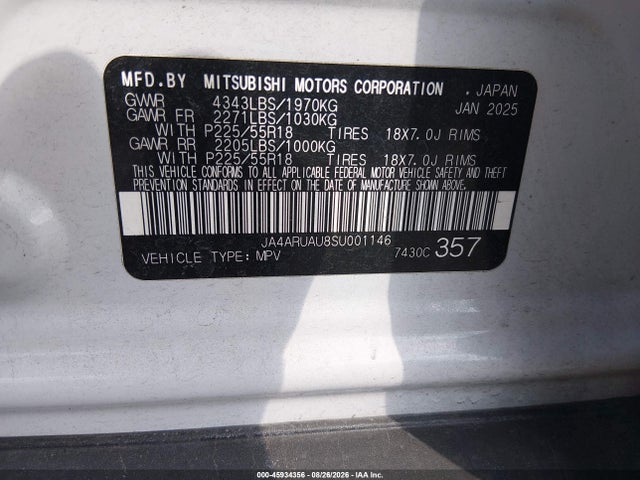 45934356 :رقم المزاد ، JA4ARUAU8SU001146 vin ، 2025 Mitsubishi Outlander Sport 2.0 Le Awc مزاد بيع