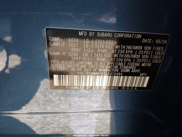 Aukcja sprzedaży 2020 Subaru Ascent Limited, vin: 4S4WMAPD1L3470484, numer aukcji: 45934363