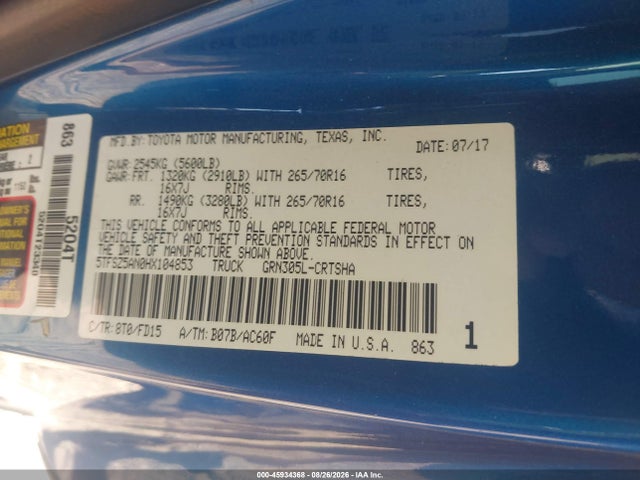 45934368 :رقم المزاد ، 5TFSZ5AN0HX104853 vin ، 2017 Toyota Tacoma Trd Off Road مزاد بيع