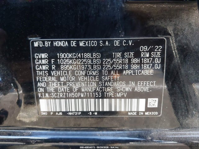 2023 Honda Hr-v 2wd Sport მანქანა იყიდება აუქციონზე, vin: 3CZRZ1H50PM711153, აუქციონის ნომერი: 45934373