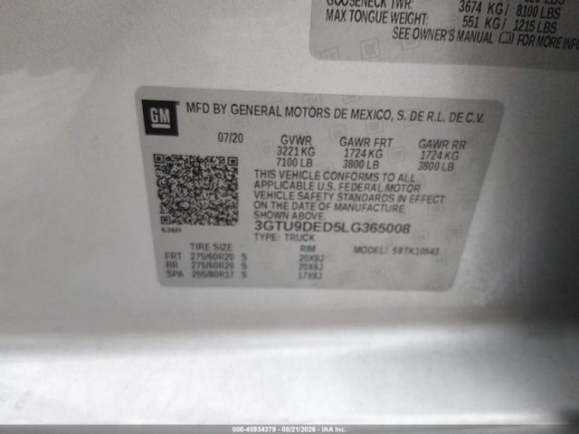 45934379 :رقم المزاد ، 3GTU9DED5LG365008 vin ، 2020 Gmc Sierra 1500 4wd  Short Box Slt مزاد بيع