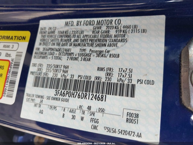 45934384 :رقم المزاد ، 3FA6P0H76DR124681 vin ، 2013 Ford Fusion Se مزاد بيع