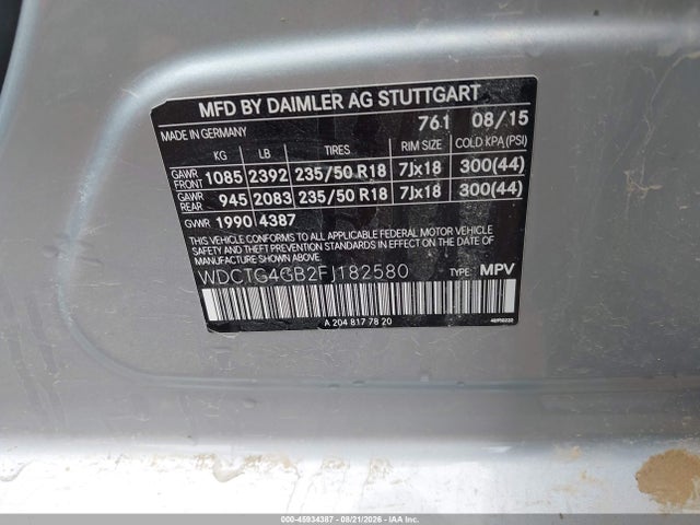 45934387 :رقم المزاد ، WDCTG4GB2FJ182580 vin ، 2015 Mercedes-benz Gla 250 4matic مزاد بيع