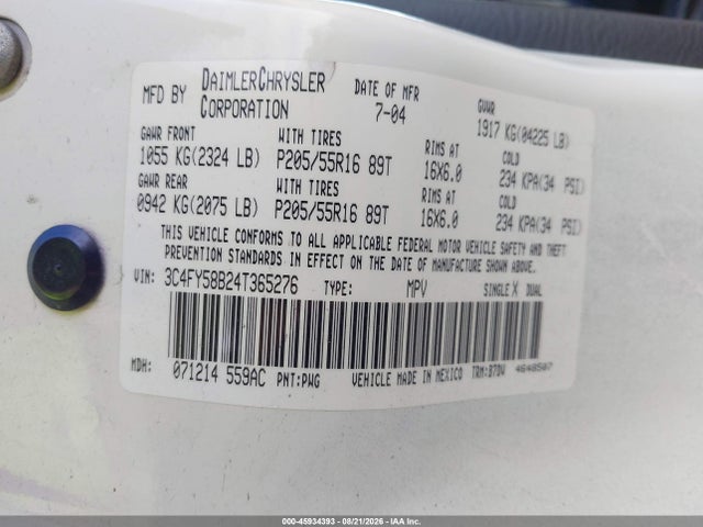 Продажа на аукционе авто 2004 Chrysler Pt Cruiser Touring, vin: 3C4FY58B24T365276, номер лота: 45934393