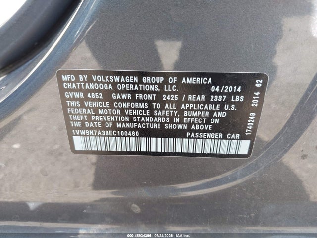 Aukcja sprzedaży 2014 Volkswagen Passat 2.0l Tdi Se, vin: 1VWBN7A38EC100460, numer aukcji: 45934396