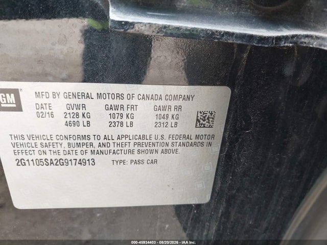 Aukcja sprzedaży 2016 Chevrolet Impala 1lt, vin: 2G1105SA2G9174913, numer aukcji: 45934403