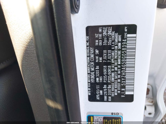 45934408 :رقم المزاد ، 5XYZHDAG5BG058394 vin ، 2011 Hyundai Santa Fe Se مزاد بيع