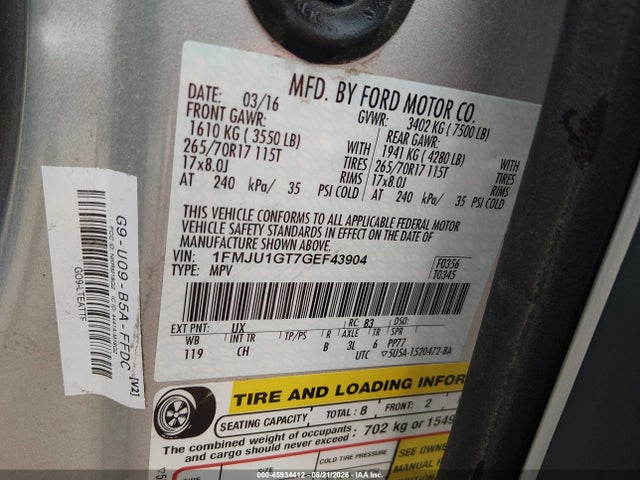 45934412 :رقم المزاد ، 1FMJU1GT7GEF43904 vin ، 2016 Ford Expedition Xl مزاد بيع
