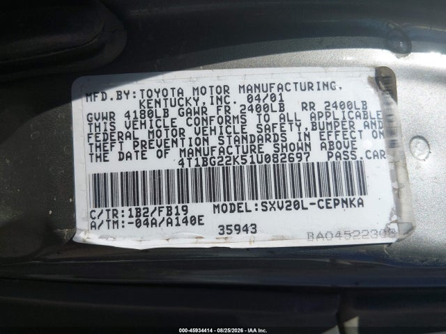 2001 Toyota Camry Le მანქანა იყიდება აუქციონზე, vin: 4T1BG22K51U082697, აუქციონის ნომერი: 45934414