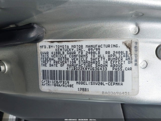 Продажа на аукционе авто 2000 Toyota Camry Le, vin: 4T1BG22K0YU636433, номер лота: 45934432