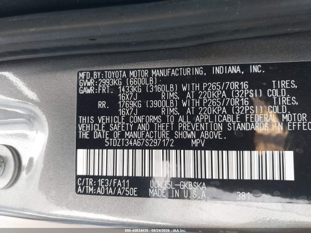 Aukcja sprzedaży 2007 Toyota Sequoia Sr5, vin: 5TDZT34A67S297172, numer aukcji: 45934435