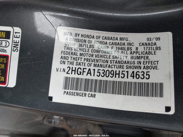 Aukcja sprzedaży 2009 Honda Civic Vp, vin: 2HGFA15309H514635, numer aukcji: 45934453