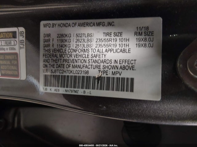 Продажа на аукционе авто 2019 Acura Rdx Advance Package, vin: 5J8TC2H70KL023198, номер лота: 45934455