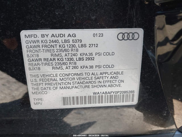 45934461 :رقم المزاد ، WA1ABAFY0P2085285 vin ، 2023 Audi Q5 Premium 40 Tfsi Quattro S Tronic مزاد بيع