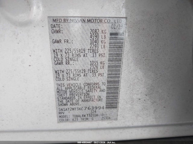 2019 Nissan Rogue Sl მანქანა იყიდება აუქციონზე, vin: 5N1AT2MT3KC763994, აუქციონის ნომერი: 45934467
