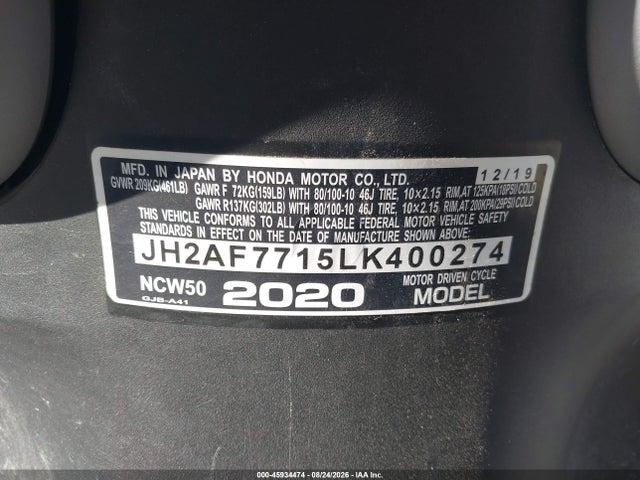 Aukcja sprzedaży 2020 Honda Ncw50, vin: JH2AF7715LK400274, numer aukcji: 45934474