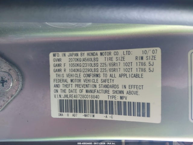 2008 Honda Cr-v Ex-l მანქანა იყიდება აუქციონზე, vin: JHLRE48728C018840, აუქციონის ნომერი: 45934480
